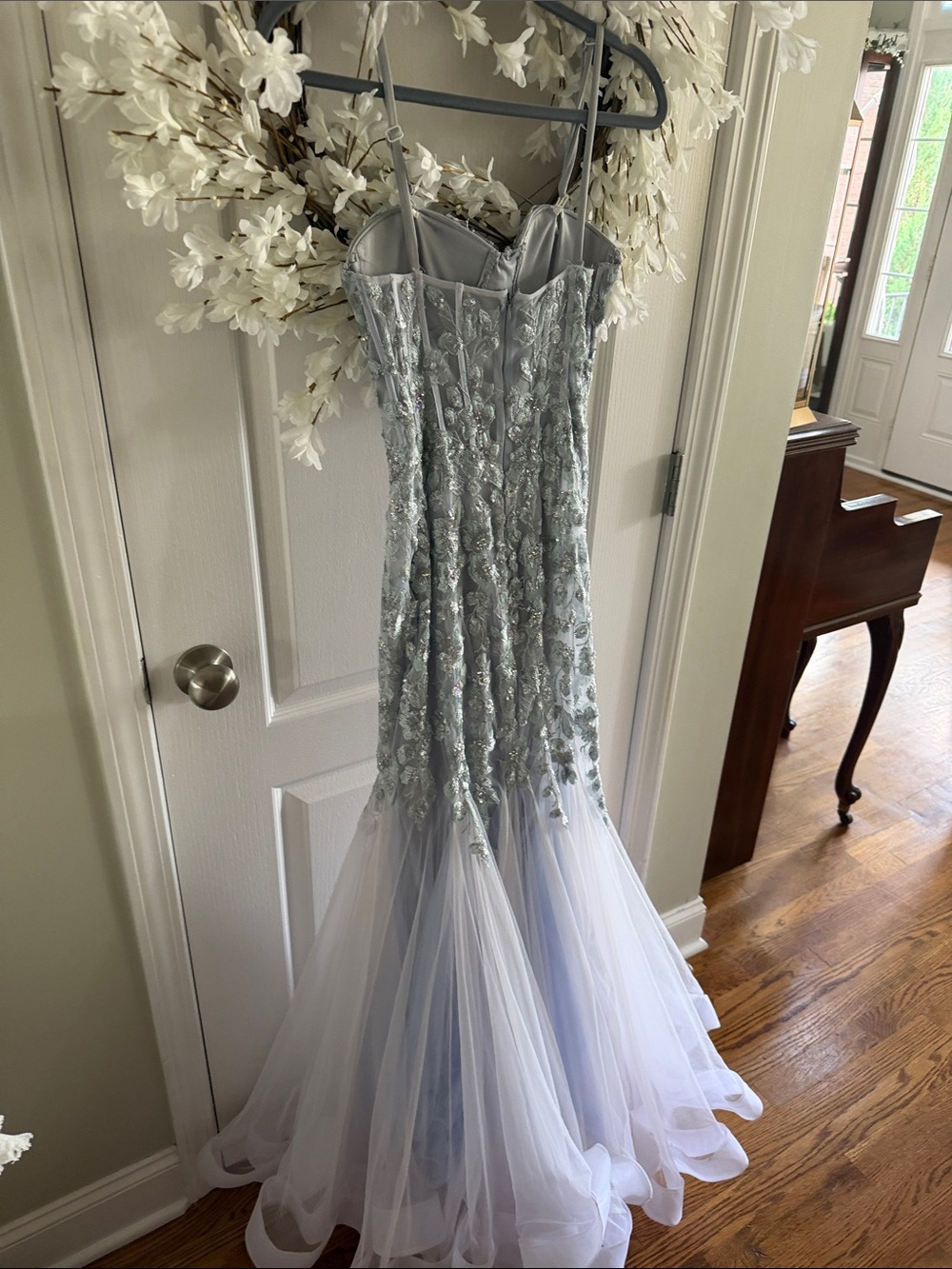 Jovani Silver Lace Appliqué Mermaid Gown - Picture 2 of 2